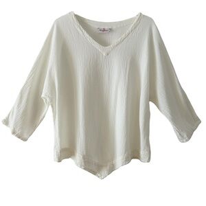 100% Cotton Gauze Lynn Blouse VNeck Off White Bone Color Roll Tab Sleeves XL
